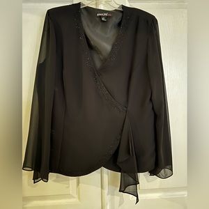 Dawn Joy Evening blouse black with black beads and sheer sleeves silk lined XL